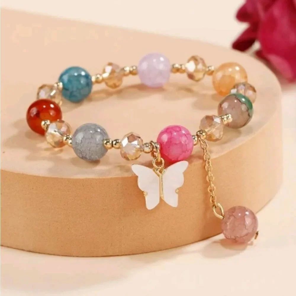 3 for $26 - Multi Color Bead Stretch Butterfly Charm Bracelet Bead Bracelet